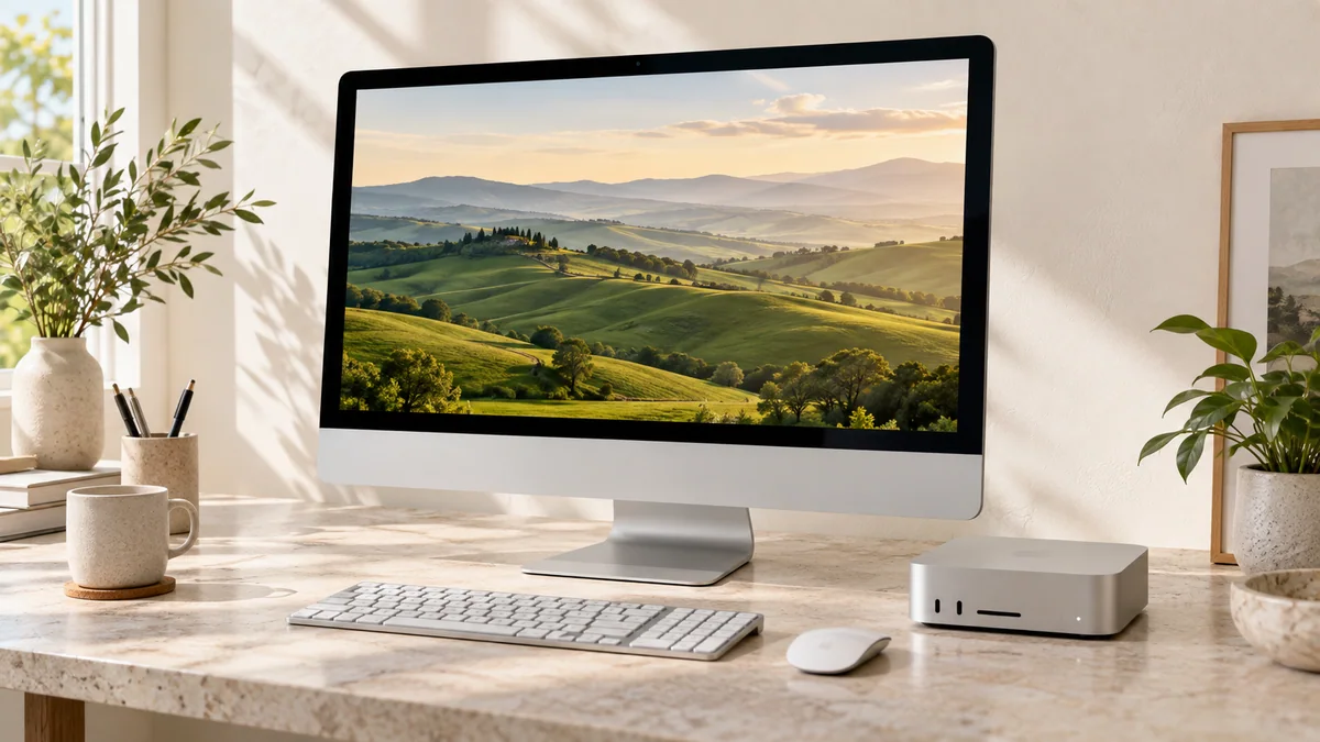 iMac ve mini bilgisayarlı aydınlık çalışma alanı; temsili kategori sahnesi