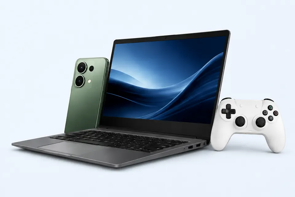 Laptop, telefon ve oyun kolundan oluşan temsili teknoloji görseli