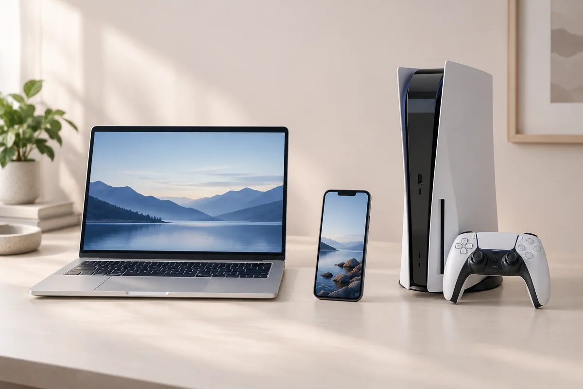 Laptop, telefon ve konsolun birlikte yer aldığı temsili alım sahnesi